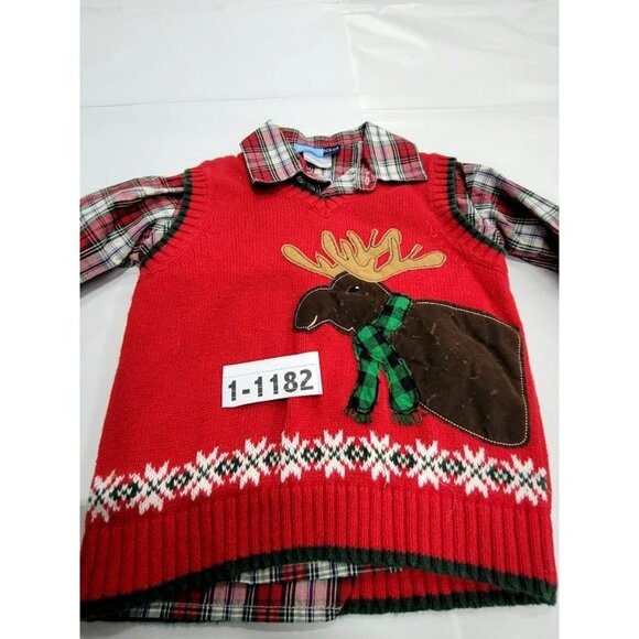 Good Lad Christmas Sweatervest with plaid shirt (3T) - Moose in scarf on sweater - Picture 1 of 5